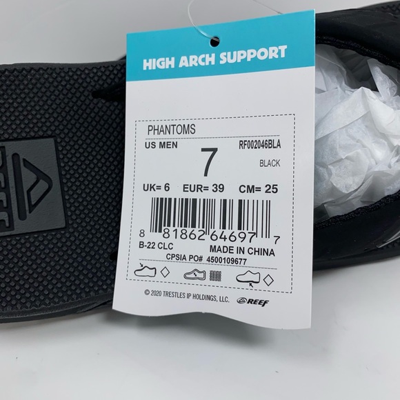 REEF Men’s Phantoms Black Open Toe Flip Flop Sandals High Arc Support Size 7 New - Picture 8 of 9